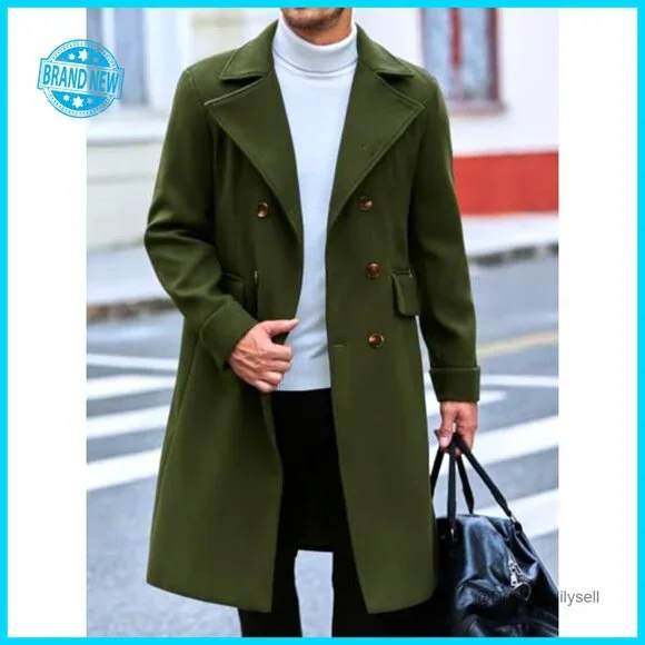 Men's Slim Fit Trench Coat Double Breasted Wool Blend Overcoat Classic Elegant